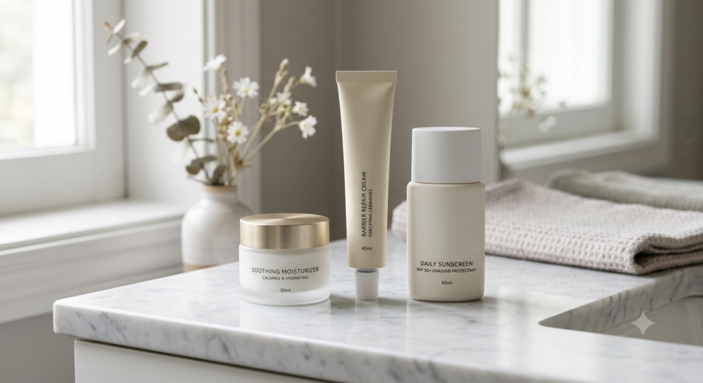 Post-treatment home care essentials including moisturizer and sunscreen to maintain BBL results.