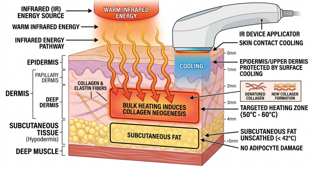 Diagram showing BBL's infrared energy stimulating dermal collagen without cheek fat damage.